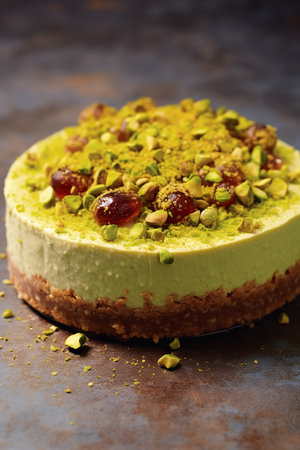 Luscious green pistachio cheesecake topped with whole cherries and chopped nutsの素材
