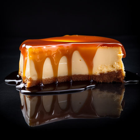 A luscious caramel cheesecake with dripping sauce and a graham cracker crust.の素材