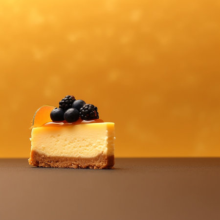Blueberries and blackberries cheesecakes on a yellow backgroundの素材