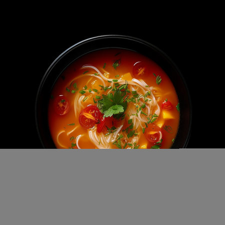 A vibrant bowl of soup with noodles, tomatoes, herbs, and a rich broth.の素材