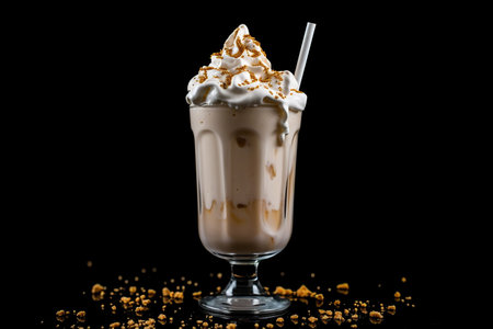 Decadent milkshake topped with whipped cream and chocolate shavings, served with a glass jug alongside.の素材