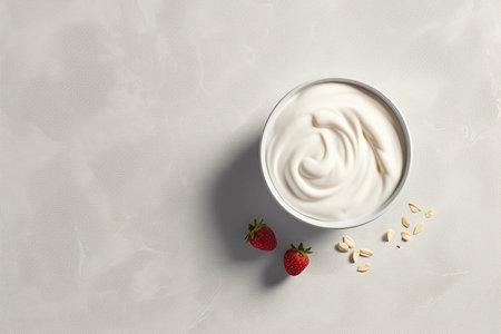 Bowl of strawberry yogurt surrounded by fresh strawberries on a white textured surface.の素材