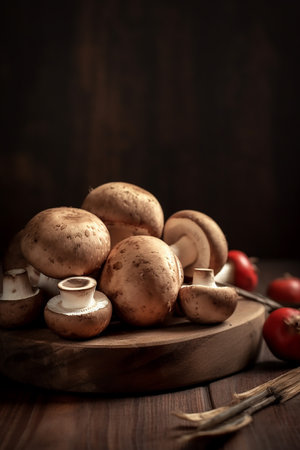 A rustic still life showing fresh mushrooms on a wooden surface with tomatoes and cutlery in soft lightingの素材