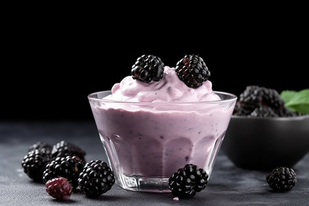 Bowl of blackberries yogurt on a purple background.の素材