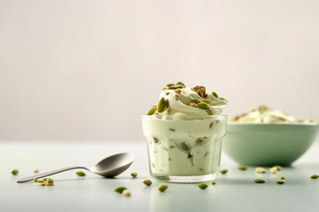 Creamy ice cream yogurt topped with cardamom flavor and sprinkled with pistachios on a light background.の素材