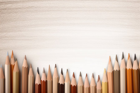 An array of colored pencils lined up against a textured white background.の素材