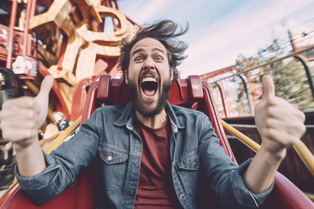 Thrilled man with raised thumbs up enjoying a roller coaster rideの素材
