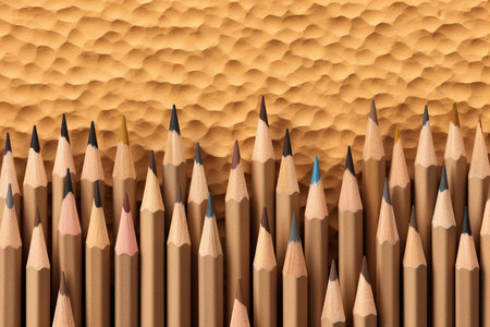 A collection of sharpened pencils arranged neatly in front of a textured surface.の素材