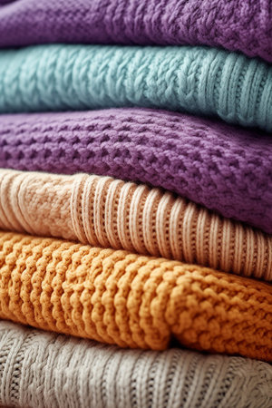 Stack of colorful knitted blankets with textured patterns.の素材