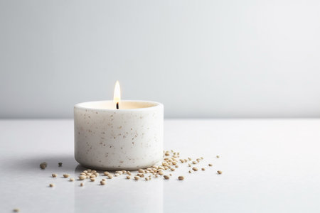 A lit candle in a simple holder surrounded by scattered seedsの素材