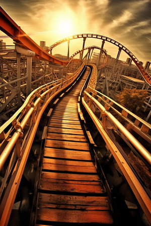 A roller coaster track at sunset with a vibrant, warm glow.の素材