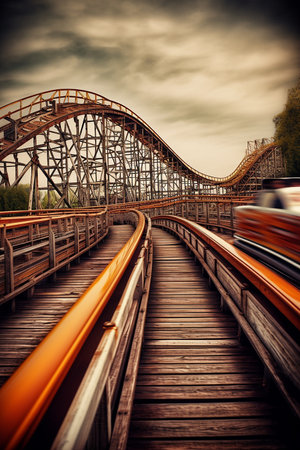 Vintage wooden roller coaster with a vibrant, cloudy sky backdrop.の素材