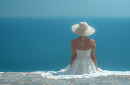 Woman in straw hat overlooking the sea on a sunny day.の素材
