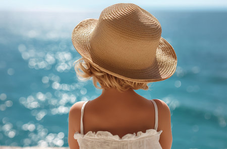 Woman in straw hat overlooking the sea on a sunny day.の素材