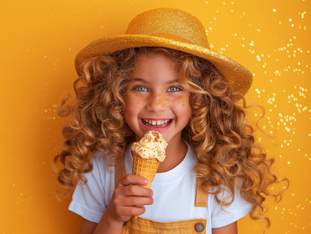 A cheerful young child is enjoying a delicious ice cream cone against a vibrant orange backdrop sprinkled with glitter.の素材