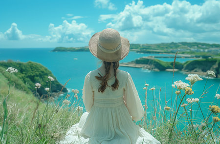 Woman in white dress and hat enjoying serene coastal viewの素材