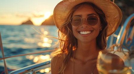 Woman in sunglasses smiling on a boat at sunsetの素材
