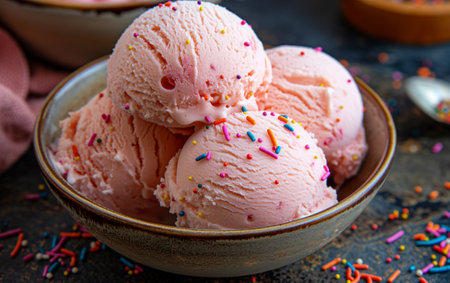 four scoops of strawberry ice cream on a white background.の素材