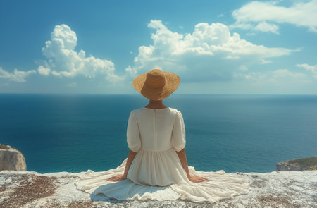 Woman enjoying a serene beach view while wearing a sun hat and white dressの素材