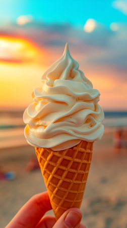 A single scoop of vanilla ice cream on a waffle cone on beachの素材