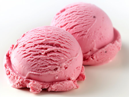Two scoops of strawberry ice cream on a white background.の素材