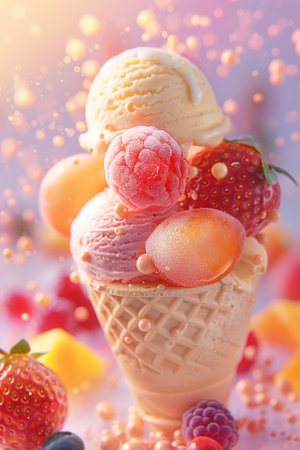 illustration of a melting ice cream cone with raspberries and strawberries against a bokeh background.の素材