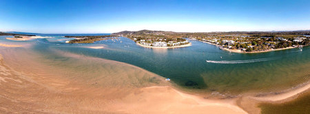 Aerial panorama photograph of Noosa River in Noosa Heads, Sunshine Coast, Queensland. Featuring Gympie terrace, Noosaville, shopping, boating and resort accomodationの写真素材