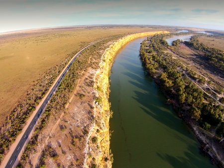 Aerial view of drought affected mallee highway alongside river murray cliffs at big bend in South Australia.の写真素材