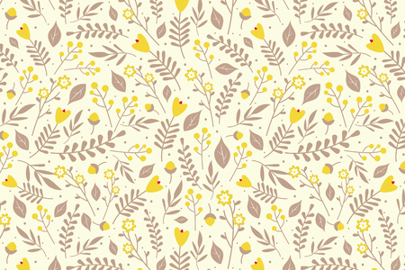 Seamless floral pattern with yellow flowers and beige leaves on light yellow backgroundのイラスト素材