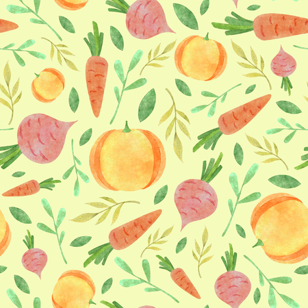 Watercolor vegetable pattern with orange carrot pink beetroot yellow pumpkin yellow and green leaves on pastel yellow backgroundの写真素材