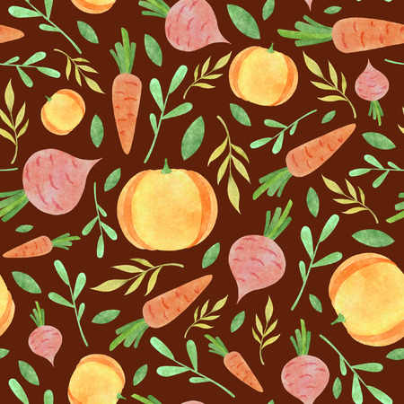 Watercolor vegetable pattern with orange carrot pink beetroot yellow pumpkin yellow and green leaves on dark red backgroundの写真素材