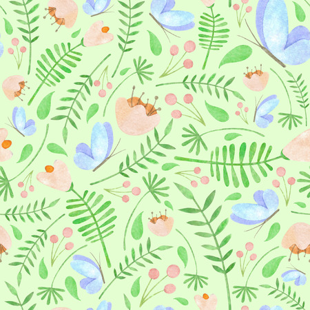 Watercolor floral pattern with blue butterflies green leaves berries and orange flowers on light green backgroundの写真素材