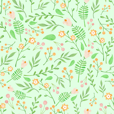 Watercolor floral pattern with orange and light pink flowers berries and green leaves on light green backgroundの写真素材