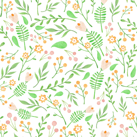 Watercolor floral pattern with orange and light pink flowers berries and green leaves on white backgroundの写真素材