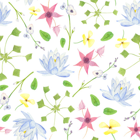 Watercolor wetland floral pattern with blue lily arrowhead red marshlocks yellow waterpoppy and green water chestnut on white backgroundの写真素材