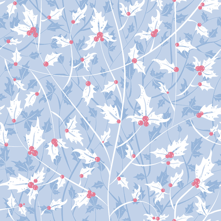 The first frosts pattern with red ilex berries branches on blue backgroundの写真素材