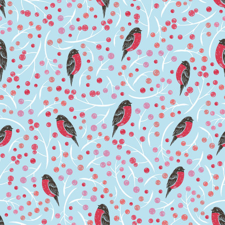 The first frosts pattern with red berries and bullfinches on blue backgroundの写真素材