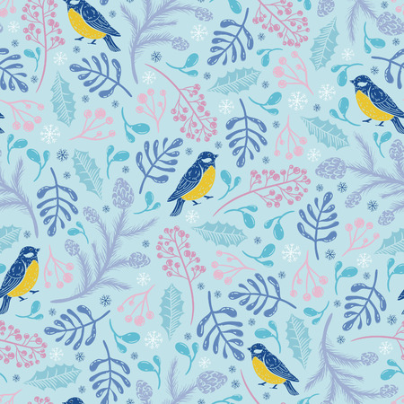 The first frosts pattern with titmouse spruce branches and rowan berries on blue backgroundの写真素材