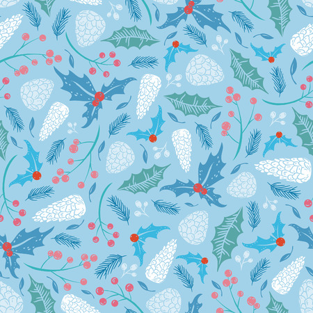 The first frosts pattern with ilex leaves cones and red berries on blue backgroundの写真素材