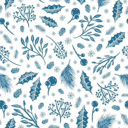 The first frosts pattern with rowan berries cedar branches and snowflakes on white backgroundの写真素材