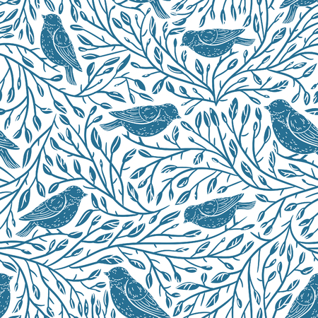The first frosts pattern with blue branches and titmouse on white backgroundの写真素材