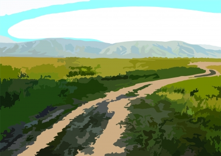 Image of a country road on a background gornoymestnosti and agricultural fieldsのイラスト素材