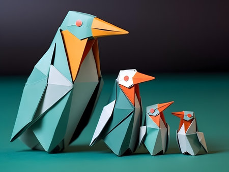 Origami penguins on a green backgroundの素材