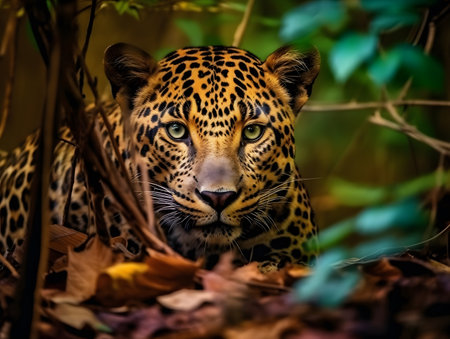 Portrait of leopard in the forest. Wildlife scene from nature.の素材