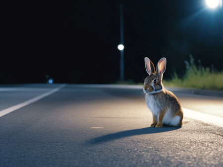 Rabbit sitting on the road at night with street lights in the backgroundの素材