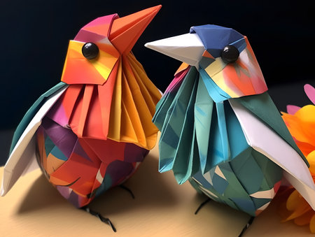 Colorful origami birds on a black background, close-upの素材