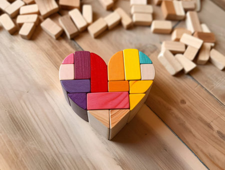 Colorful wooden blocks puzzle in the shape of a heart on a wooden backgroundの素材