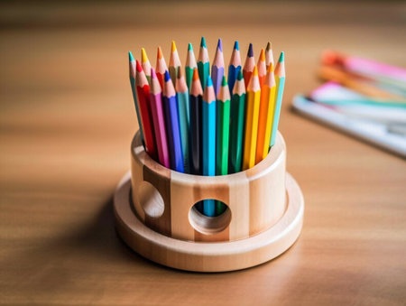 Colorful pencils in a wooden cup on a wooden table.の素材