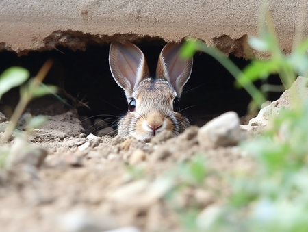 Rabbit in a hole in the ground. Close-up.の素材