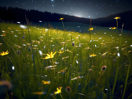 Beautiful meadow with fireflies, wildflowers and starry sky at nightの素材